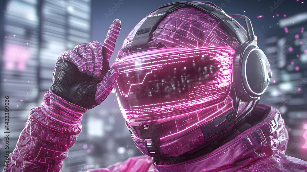 Poster a futuristic figure in a neon pink helmet points upwards. the image evokes a sense of technological 