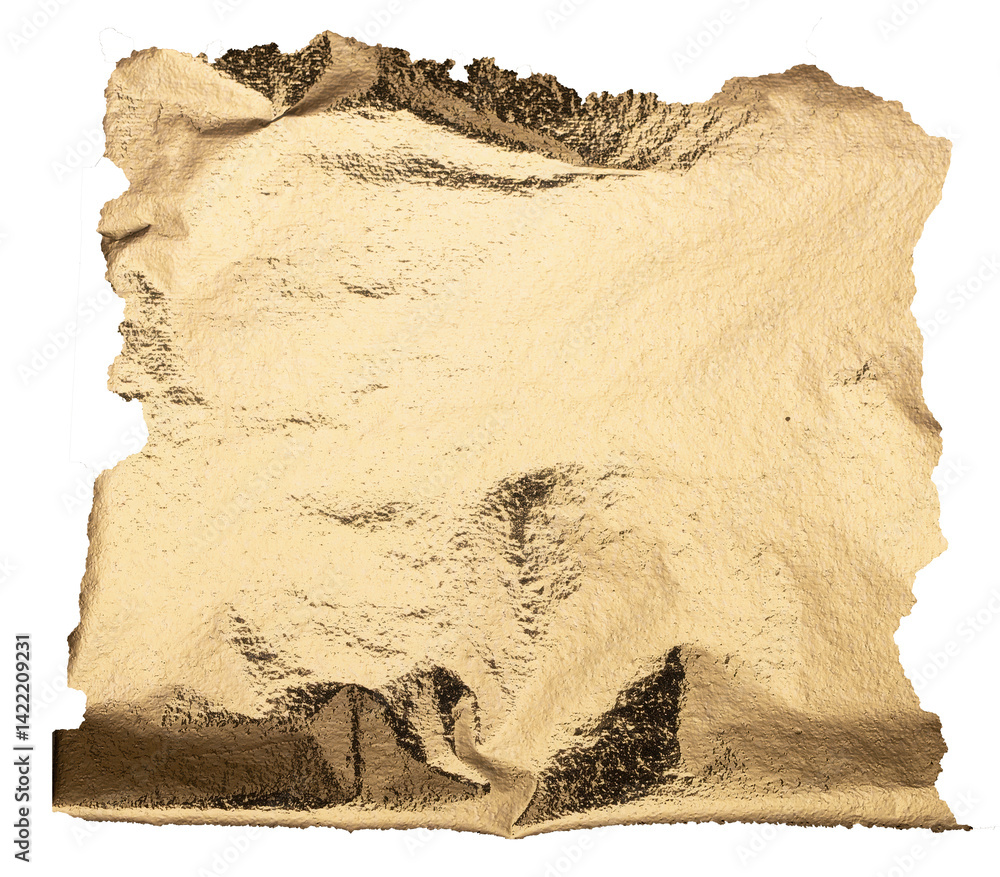 Poster wrinkled torn sheet of metallic gold foil paper with a shiny texture, isolated on white background. 