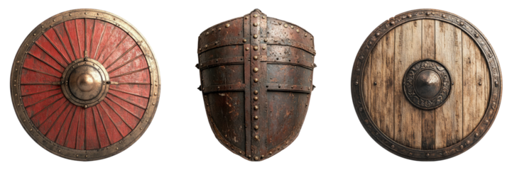 Viking round shields in wooden textures isolated on transparent PNG image perfect for battle games or historical themes