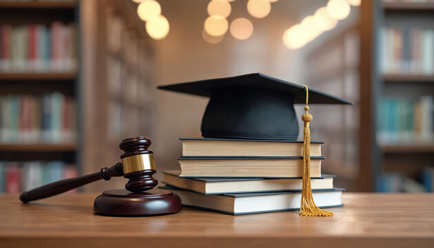 Judge gavel, graduation cap rest on book stack in library. Legal concept, education, law, justice, court, academic success. Books, gavel, mortarboard symbolize knowledge, learning, legal system.