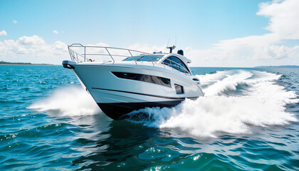 Fototapeta premium Luxury speedboat cruising through vibrant blue waters 
