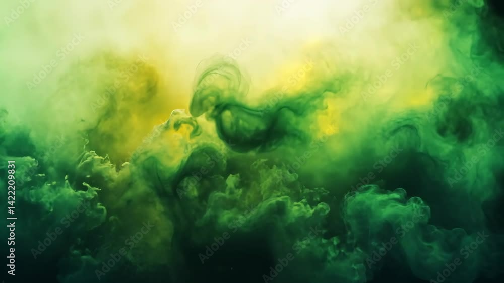 Poster swirling green and yellow smoke plumes creating abstract shapes and patterns, dynamic flowing vapor 