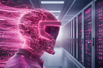 An artistic representation of a person connected to a digital world. Ideal for tech blogs or data visualization websites showcasing virtual reality concepts.