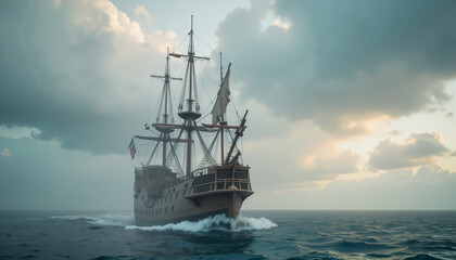 Obraz premium Vintage sailing ship navigating through turbulent waters at sunset 