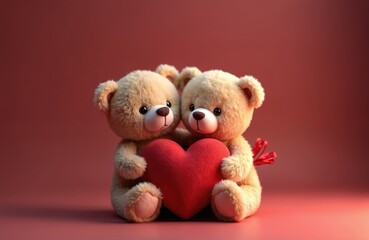 Two plush teddy bears hold red heart. Romantic Valentine Day concept, gift for beloved. Happy couple bears. Soft, fluffy toys hugging heart on Valentine day. Love, relationship, friendship. Cute,