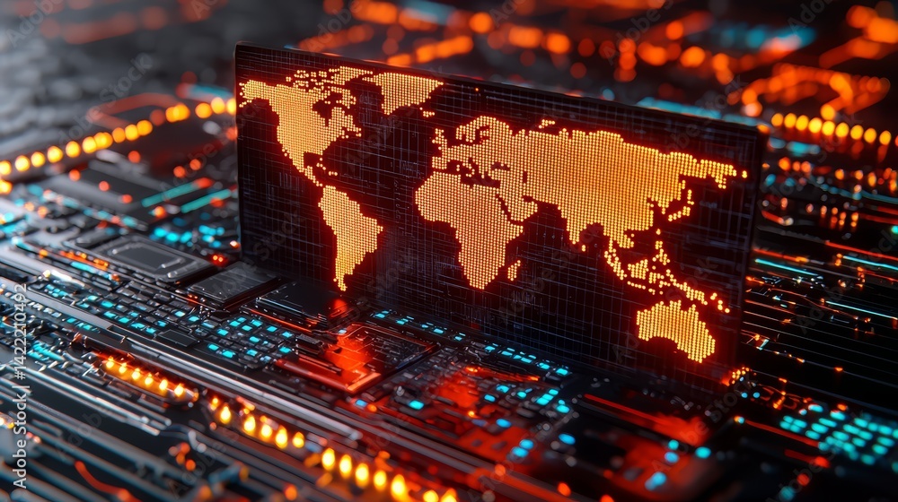 Leinwandbilder Computer chip with a glowing map of the world on it. Concept of technology and innovation, as well as the interconnectedness of the world