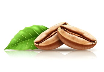 Fresh Coffee Beans with Green Leaf on a White Background