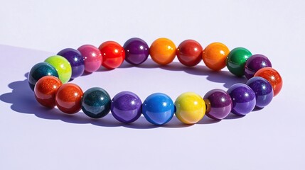 Obraz premium Elastic band bracelet with rainbow beads on a white-to-purple gradient background