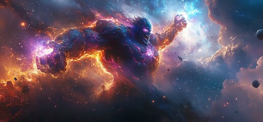 Majestic celestial guardian weaving through nebulae in a cosmic landscape