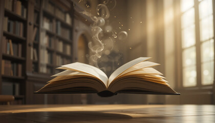 Fototapeta premium Mystical open book levitating in a sunlit library with swirling smoke in afternoon light