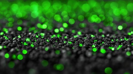 Emerald green bokeh on a backdrop of dark black glitter.