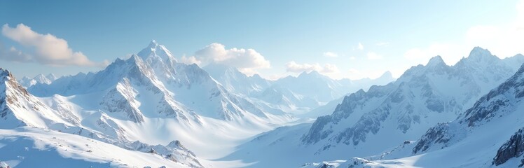 Obraz premium Panoramic view of snowy mountains landscape under pale blue sky. White peaks, snow-covered slopes form winter panorama. Serene nature scenery, ideal for travel blogs or adventure tourism.