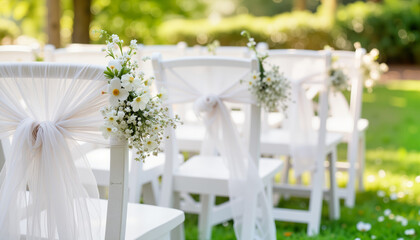 Beautifully decorated wedding chairs in a lush garden setting  