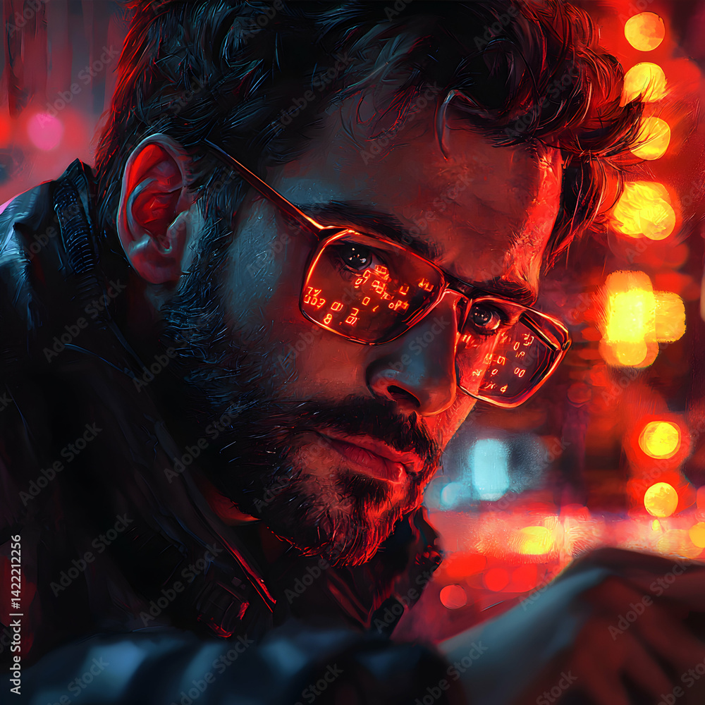 Poster a cyberpunk portrait of a man with tech glasses reflecting code. suitable for a sci-fi movie poster 