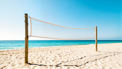 Beach volleyball net against a sunny sky and ocean background  
