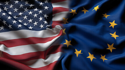 Flags of USA and EU blended together, creating a concept image about international relations, diplomacy, and cooperation
