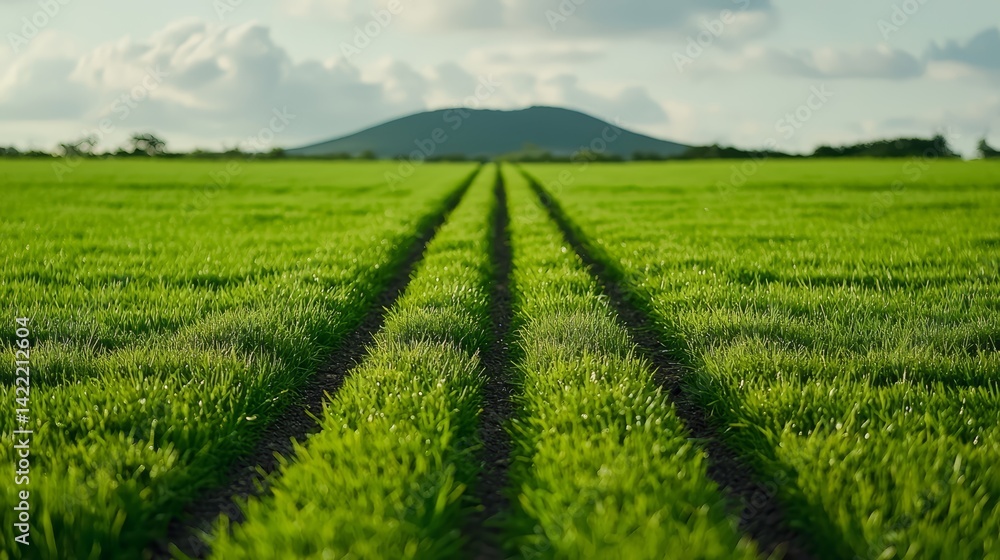 Poster field of green grass with a mountain in the background. the grass is neatly cut and the field is wel