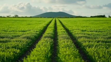 Naklejka premium Field of green grass with a mountain in the background. The grass is neatly cut and the field is well maintained