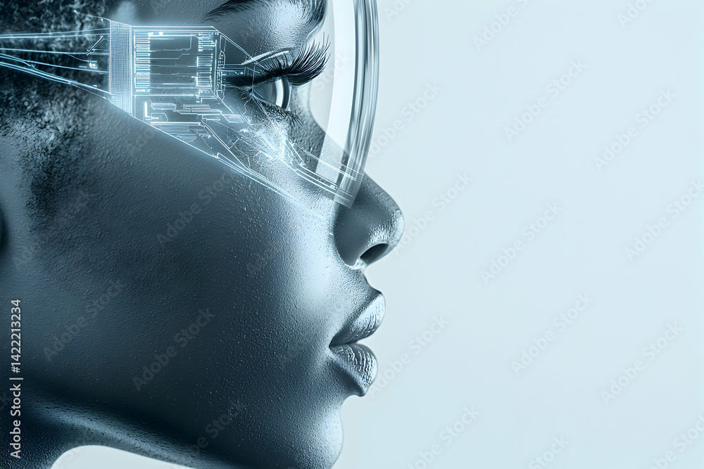 Poster a futuristic portrait with digital enhancements. it depicts a person with tech integrated features s