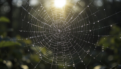Fototapeta premium spider web glistens with dew in morning sunlight, creating delicate and intricate pattern against blurred natural background. droplets sparkle, enhancing web beauty