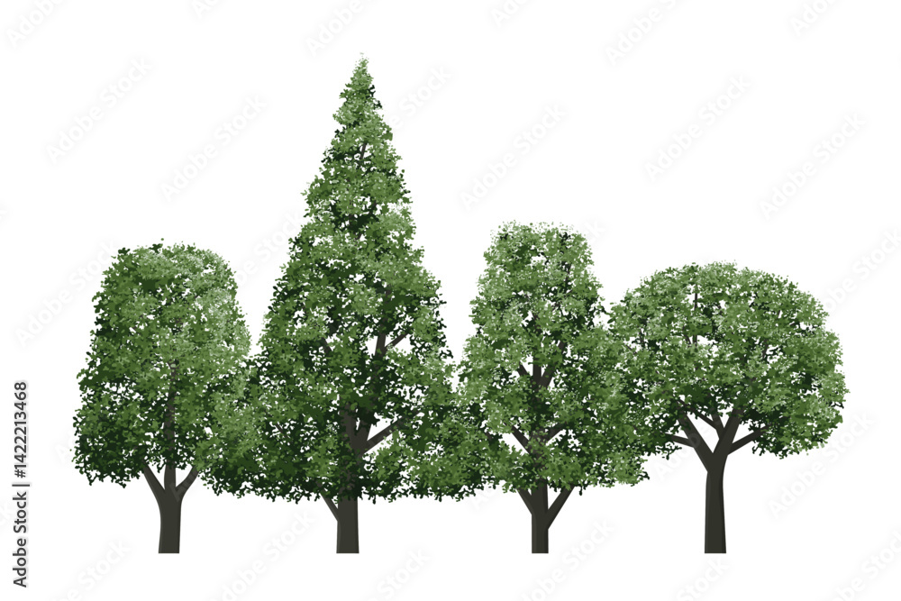 Poster set of green trees isolated on white background for landscape and architecture drawing, elements for