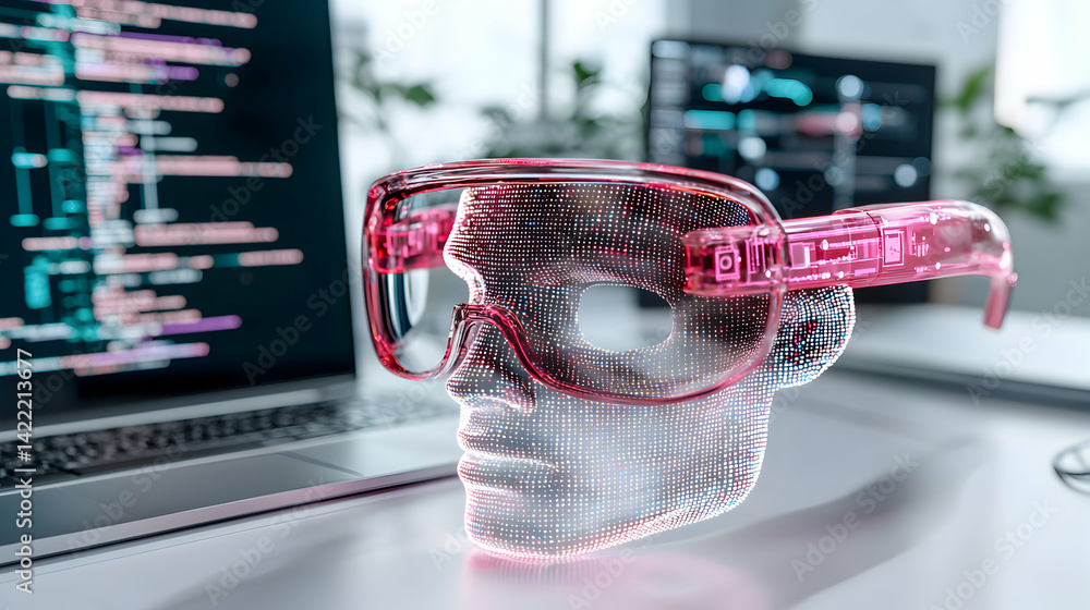Poster a futuristic image depicting virtual reality glasses on a digital human head. the background feature
