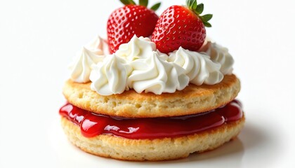 Fresh strawberry shortcake dessert with whipped cream on white background. Sweet breakfast, bakery pastry. Homemade delicious cake. Summer berry food concept.