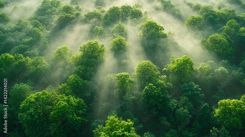 Aufkleber forest with trees that are covered in a light mist. the mist creates a serene and peaceful atmospher