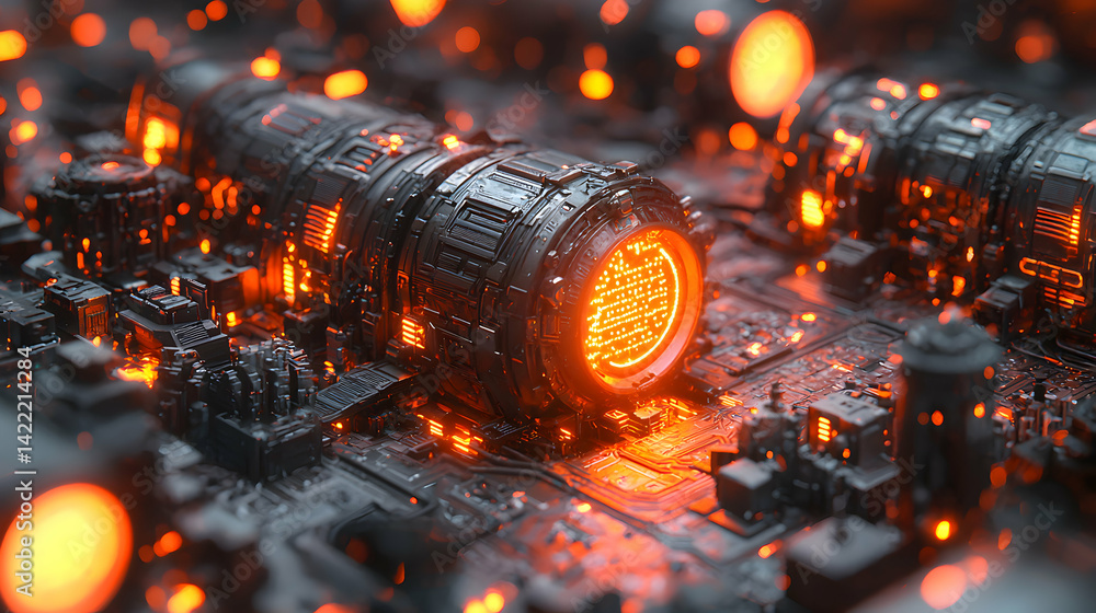 Poster futuristic technology showcasing a complex circuit board with glowing orange elements suggesting hig