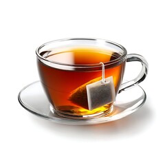 A clear glass cup filled with hot tea, with a tea bag steeping inside, resting on a clear saucer. Isolated on a white background