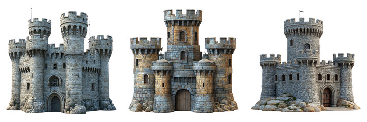 Medieval stone castles with round towers isolated on transparent PNG image perfect for historical games or architectural storytelling