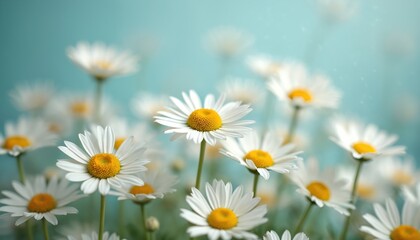 Fototapeta premium White daisies on blue background. Chamomile field with many flowers. Bright white petals yellow core. Floral bloom meadow macro. Summer, spring season natural beauty.