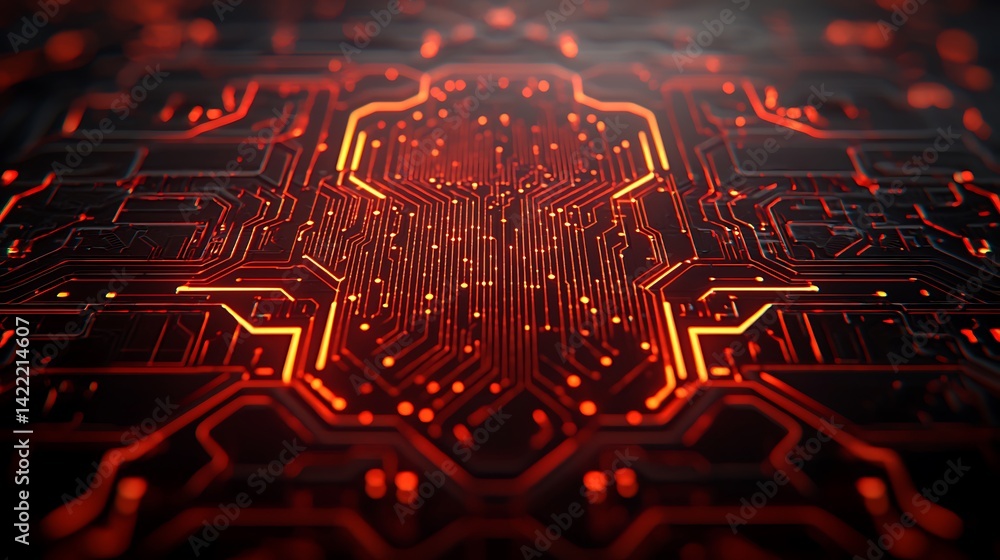 Poster futuristic red circuit board: abstract technology background with glowing lines and connections for 