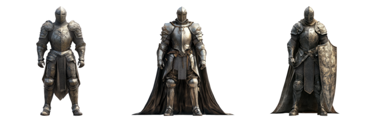 Full-body medieval knights in armor isolated on transparent PNG image perfect for RPG characters or historical reenactments