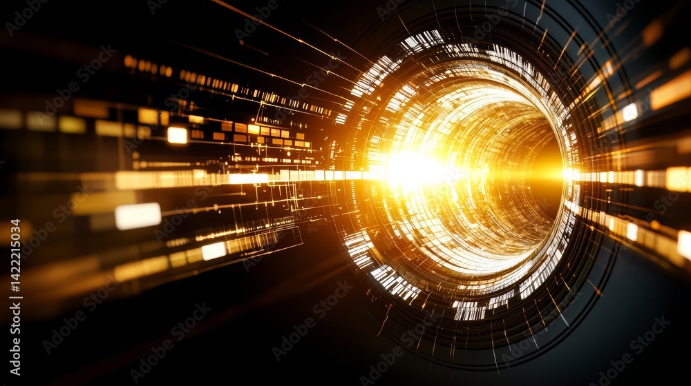 Poster glowing yellow line with a black background. the line is a spiral and he is a tunnel