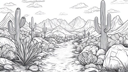 Desert path, cacti, mountains, sun, arid landscape, coloring book illustration