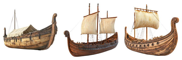 Ancient sailing ships with full masts isolated on transparent PNG image perfect for exploration themes or pirate adventure designs