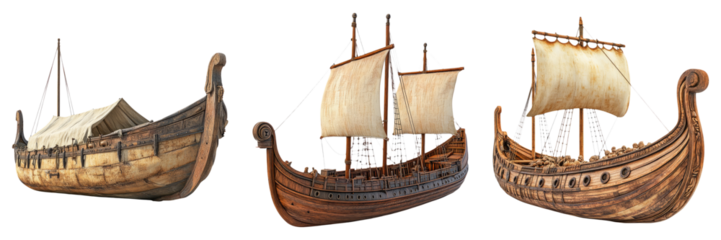 Ancient sailing ships with full masts isolated on transparent PNG image perfect for exploration themes or pirate adventure designs