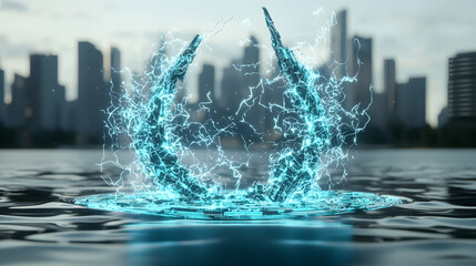 A futuristic energy portal emerges from water. It crackles with electric arcs against a city skyline. Suitable for sci-fi or technological concept art.