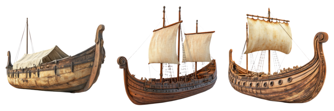 Ancient sailing ships with full masts isolated on transparent PNG image perfect for exploration themes or pirate adventure designs - Powered by Adobe