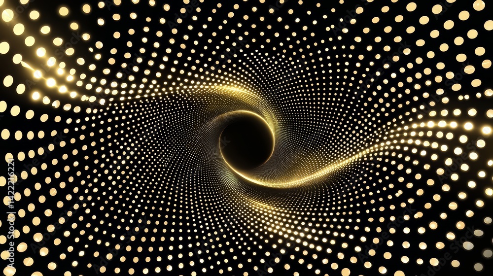 Poster gold and black spiral with many dots. the spiral is very large and has a lot of dots