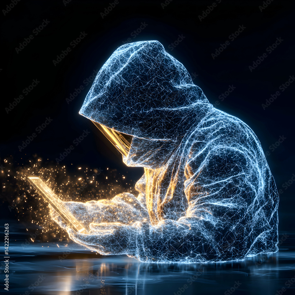 Poster a digital figure in a hood interacting with a glowing tablet evoking technology hacking and cyber se