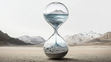 Visualizing global warming, an hourglass shows half filled with water and the other half with dry sand, highlighting the water crisis. In the desert