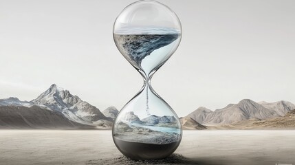 Visualizing global warming, an hourglass shows half filled with water and the other half with dry sand, highlighting the water crisis. In the desert