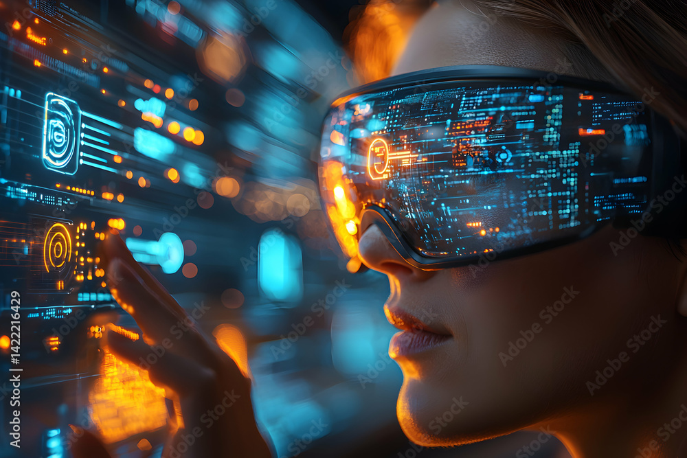 Poster a woman uses futuristic vr goggles interacting with a digital interface. ideal for visualizing advan