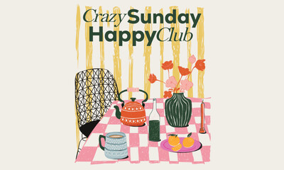 Coffee club artwork for apparel, sticker, batch, background, poster and others. Steak platter. Dining table. orange platter. Coffee cup and kettle. Flower pot vector design.