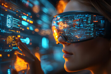 A woman uses futuristic VR goggles interacting with a digital interface. Ideal for visualizing advanced technology concepts or promoting VR applications.