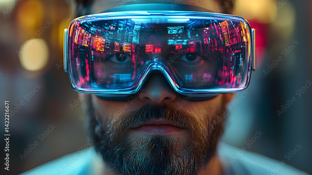 Poster a person wearing futuristic vr glasses immersed in a digital world. great for illustrating virtual r