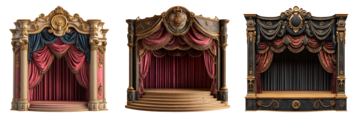 Ornate theatre stages with red velvet curtains isolated on transparent PNG image perfect for drama posters or performance icons