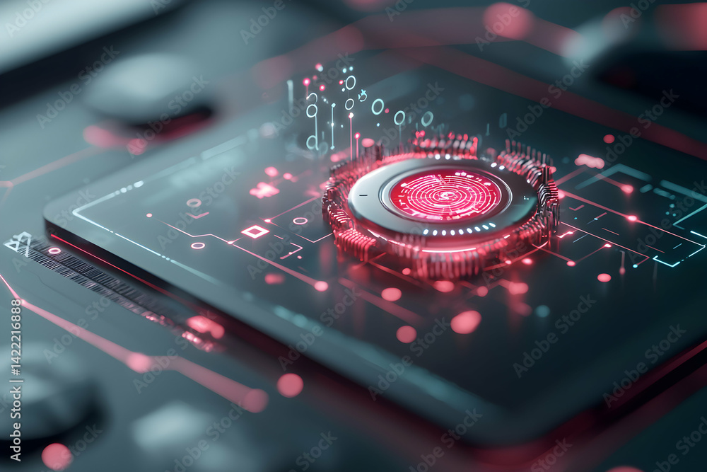 Poster a futuristic digital circuit concept featuring a glowing central element. use this design for techno